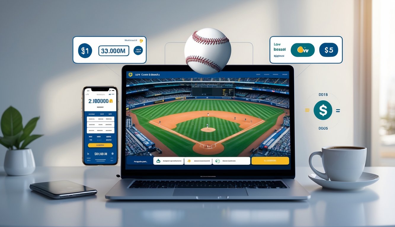 Seorang pria duduk di depan laptop yang menampilkan pertandingan baseball, dengan ponsel dan aplikasi pembayaran di meja, menggambarkan aktivitas taruhan baseball online resmi dengan deposit rendah.