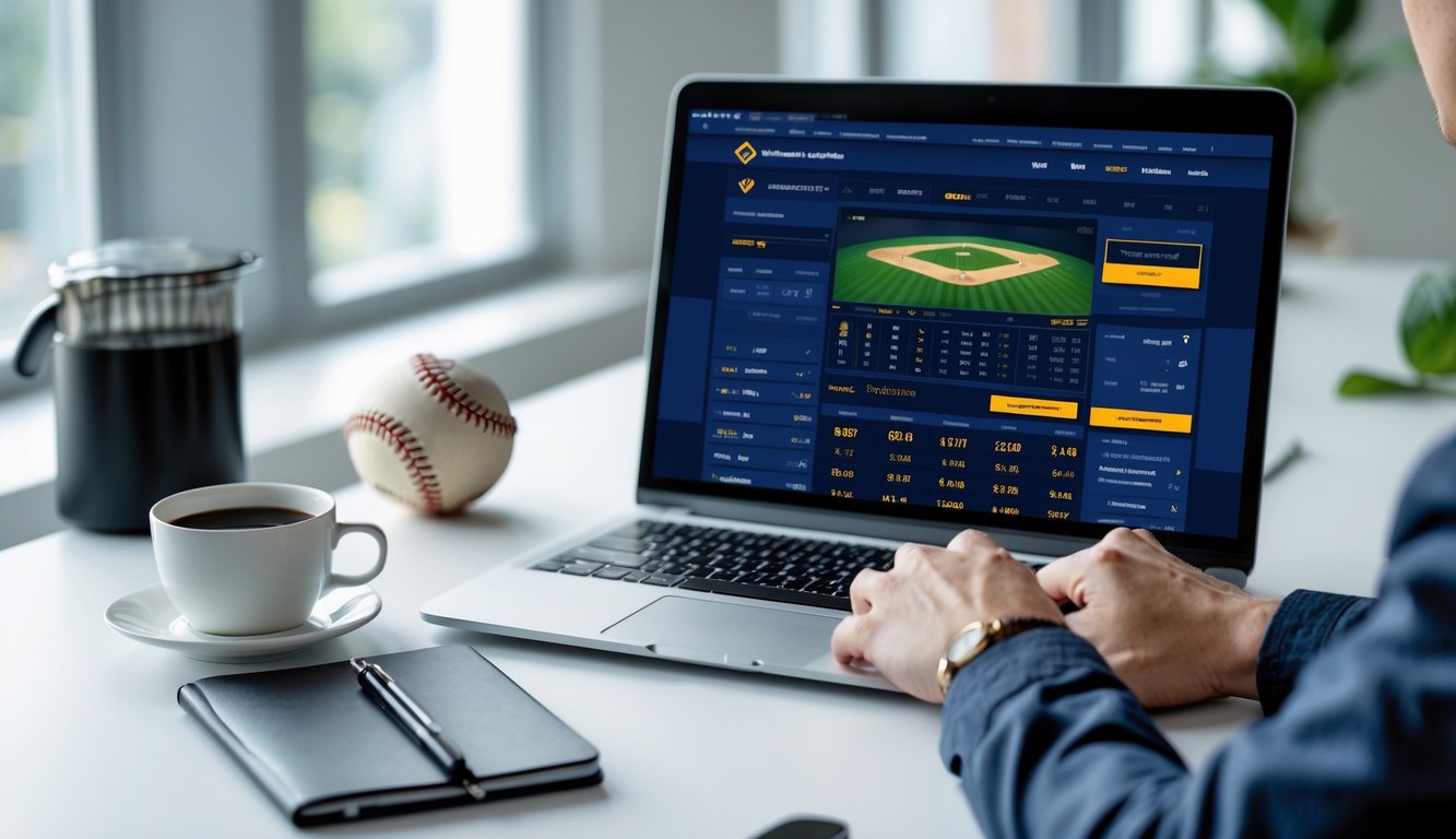 Seseorang menggunakan komputer dengan tampilan situs taruhan baseball online di meja kerja yang rapi.