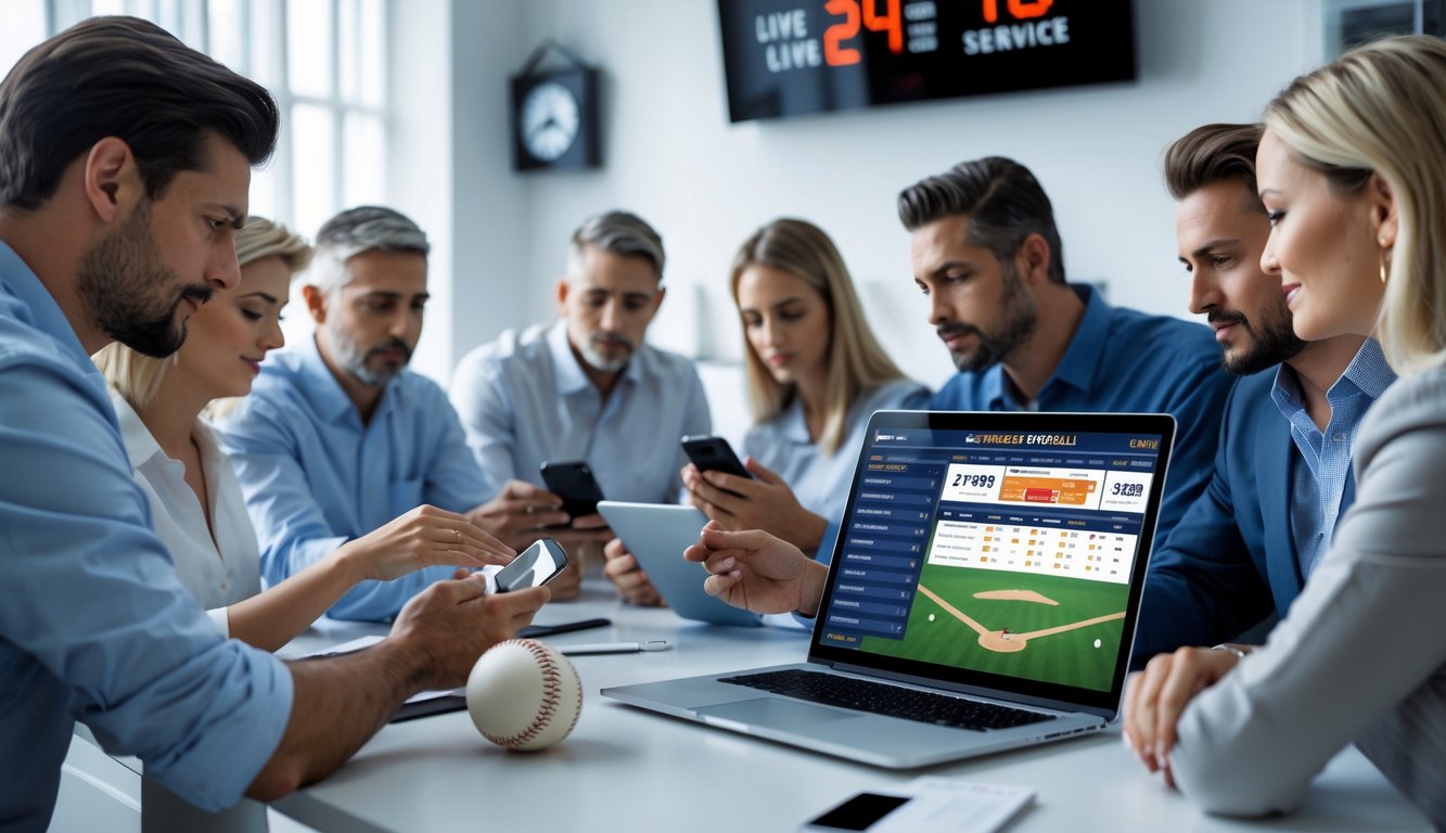 Orang-orang menggunakan laptop dan ponsel untuk memasang taruhan langsung pada pertandingan baseball online di sebuah ruang kerja modern.