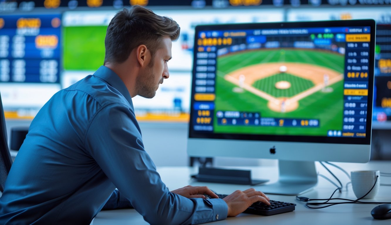 Seorang pria menggunakan komputer dengan tampilan pertandingan baseball langsung dan data taruhan di layar.