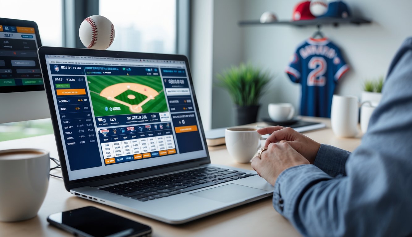 Seorang pria menggunakan laptop di meja kerja dengan tampilan permainan baseball dan statistik taruhan online.