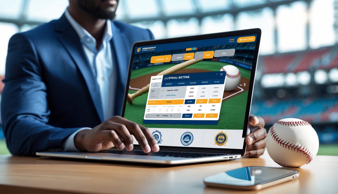 Seseorang menggunakan laptop dengan latar belakang grafis terkait bisbol dan simbol keamanan yang menunjukkan agen taruhan baseball online resmi dan aman.