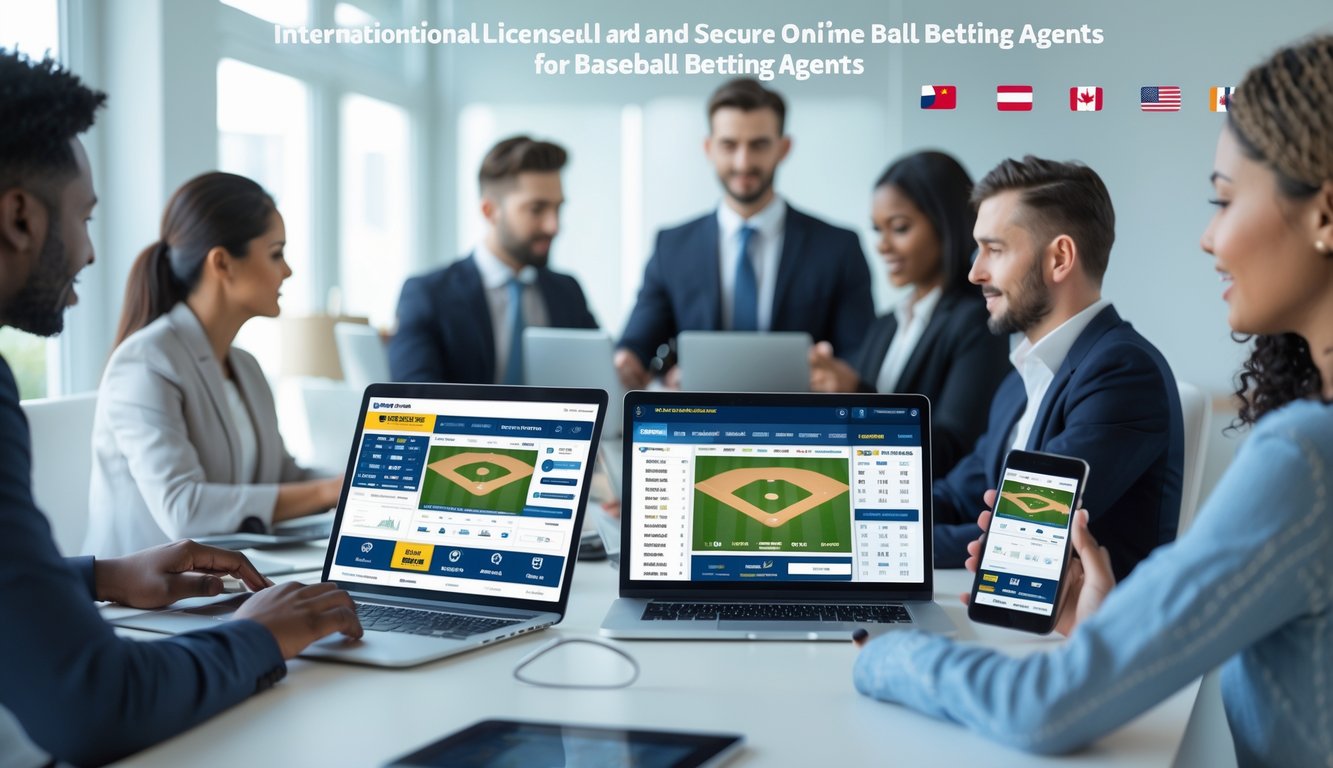 Beberapa orang menggunakan perangkat digital untuk taruhan baseball online yang aman dan berlisensi internasional di ruang kerja modern.