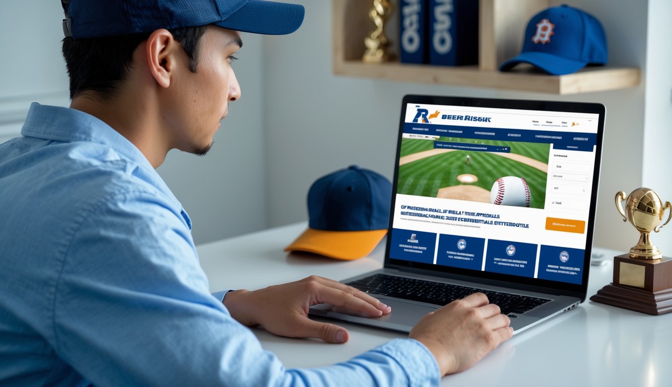 Seseorang duduk di meja dengan laptop membuka situs agen taruhan baseball online resmi, dikelilingi perlengkapan baseball di ruang kerja rumah.