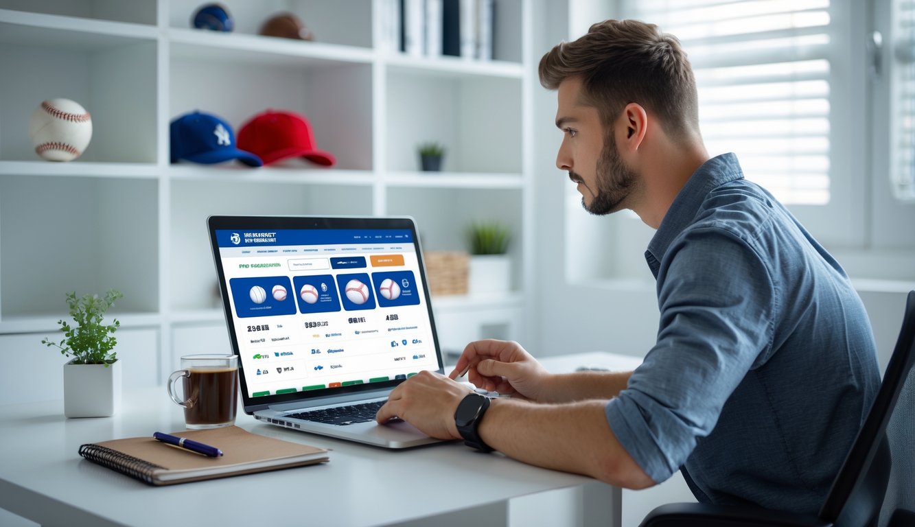 Seorang pria muda duduk di meja dengan laptop, mempersiapkan diri untuk mendaftar di agen taruhan baseball online, dengan perlengkapan baseball di latar belakang.