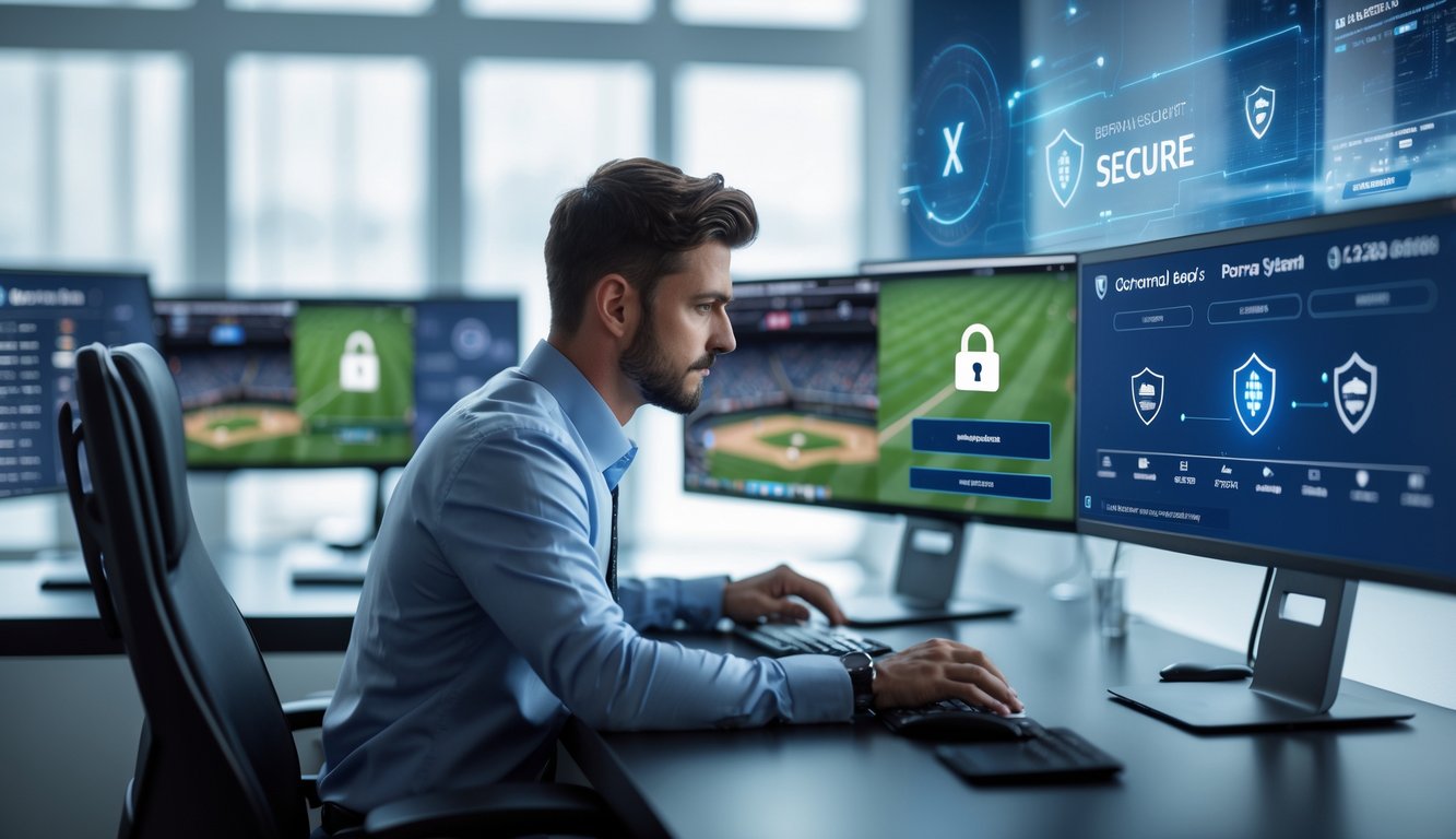 Seorang profesional sedang menggunakan komputer dengan tampilan statistik baseball dan ikon keamanan di layar.