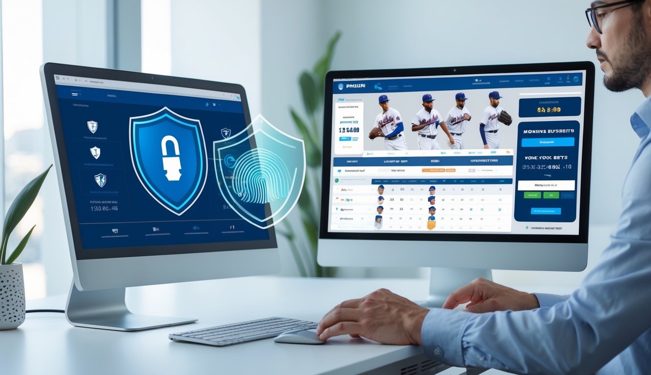 Seorang profesional menggunakan komputer dan ponsel untuk memasang taruhan baseball online di lingkungan kerja yang modern dan aman.