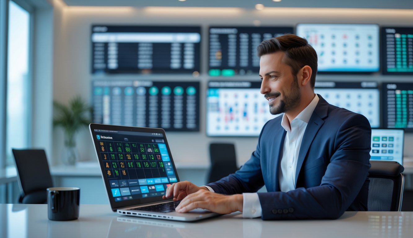 Seorang profesional sedang bekerja di depan laptop dengan beberapa layar menampilkan data pasar lotere di ruang kantor modern.