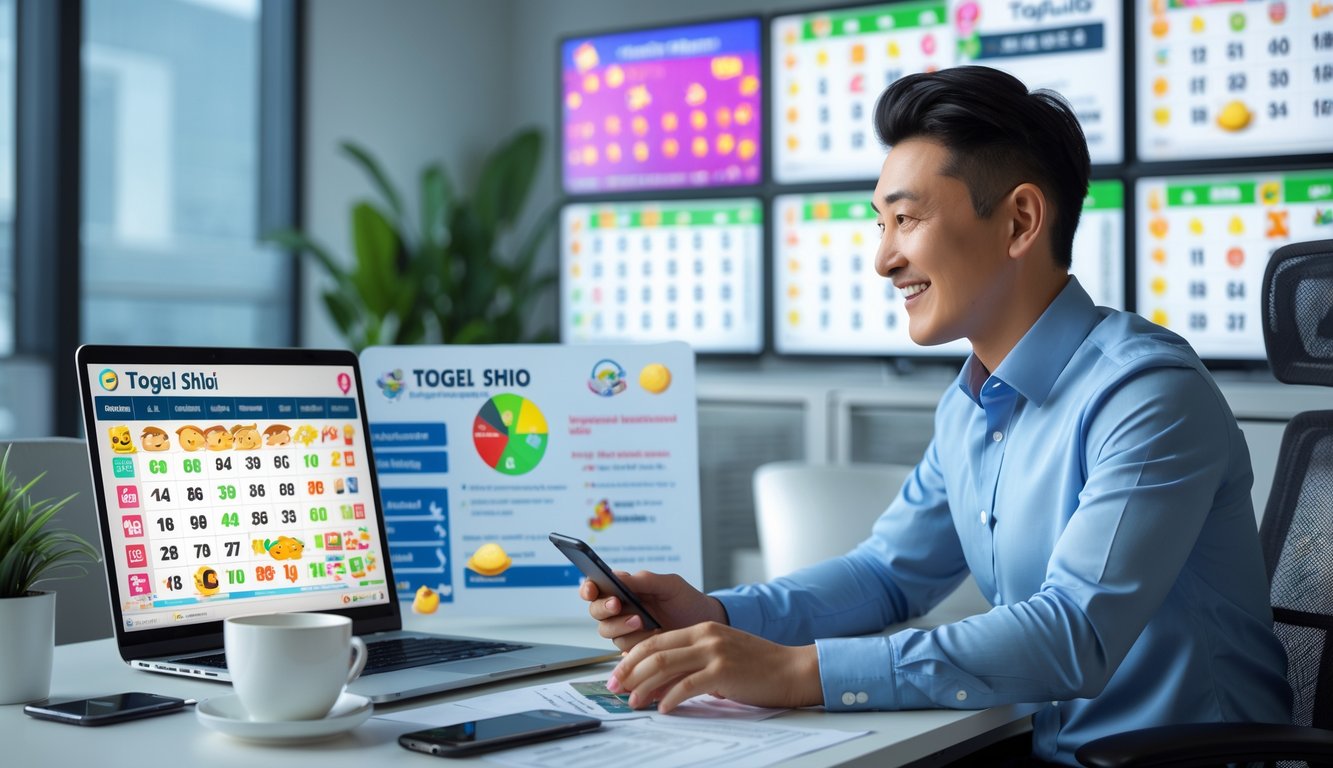 Seorang agen profesional sedang melayani pelanggan melalui laptop di kantor modern dengan layar digital yang menampilkan angka togel dan ikon shio.