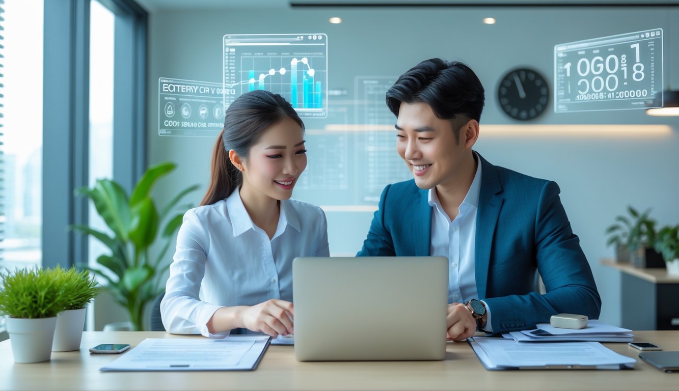 Dua orang profesional sedang bekerja bersama di kantor modern dengan laptop dan dokumen, dikelilingi elemen digital yang melambangkan sistem togel online.