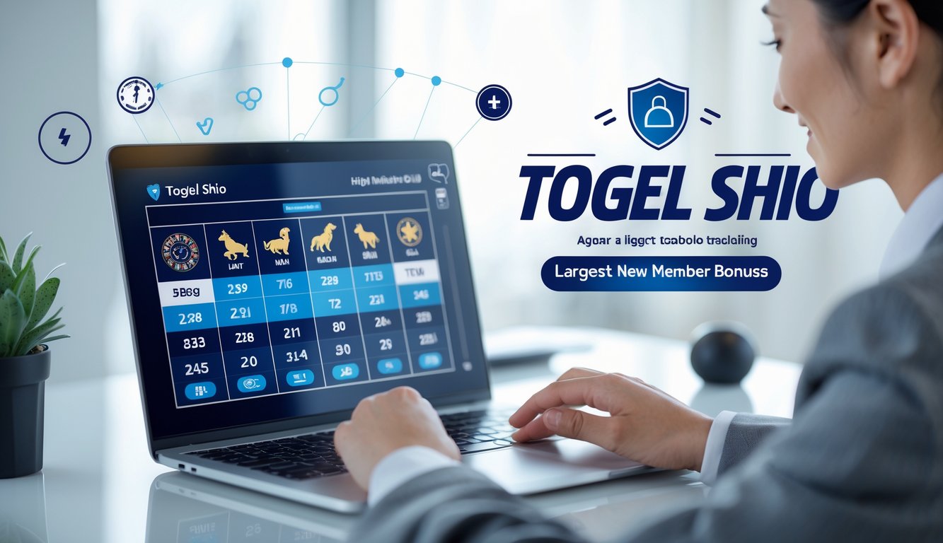 Seseorang menggunakan laptop dengan tampilan situs togel online resmi yang menampilkan angka dan ikon shio, di meja kerja yang rapi dan terang.