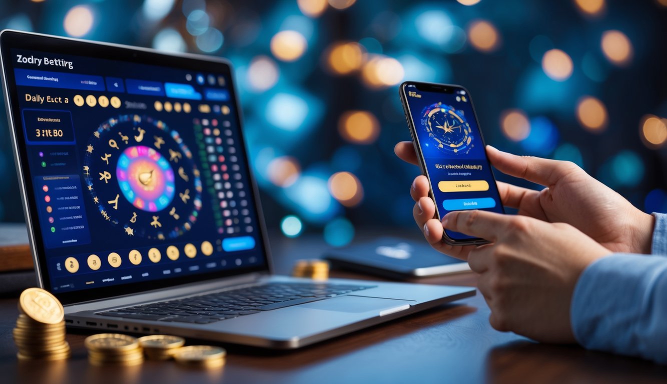 Seorang pengguna sedang menggunakan laptop dan ponsel untuk bermain togel online dengan simbol zodiak, di meja dengan koin dan ikon diskon serta cashback.