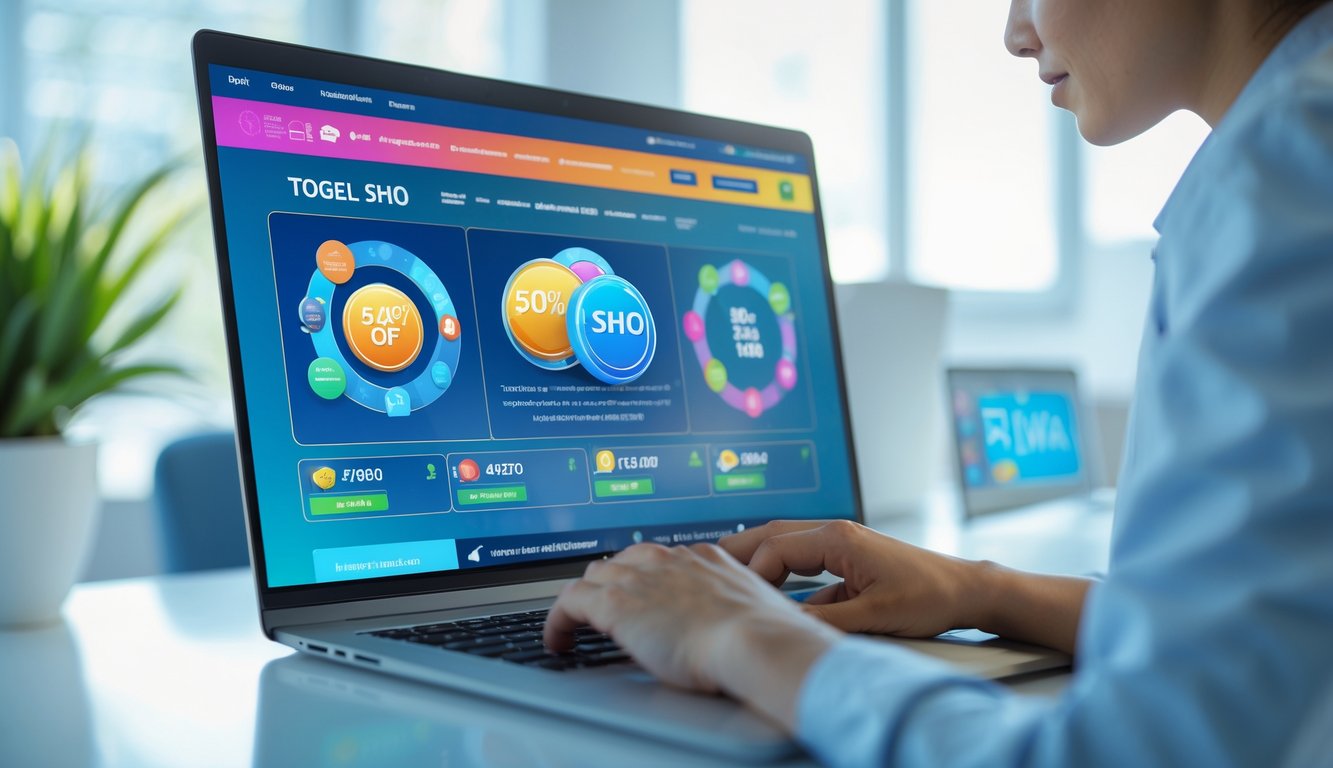 Seseorang sedang menggunakan laptop di kantor dengan layar menampilkan antarmuka platform lotre online yang modern dan berwarna-warni.