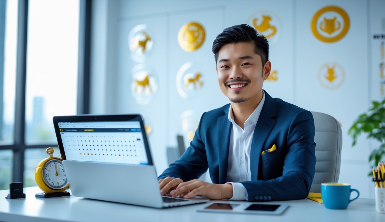 Seorang pria muda tersenyum duduk di depan laptop di kantor modern dengan simbol hewan zodiak di latar belakang.