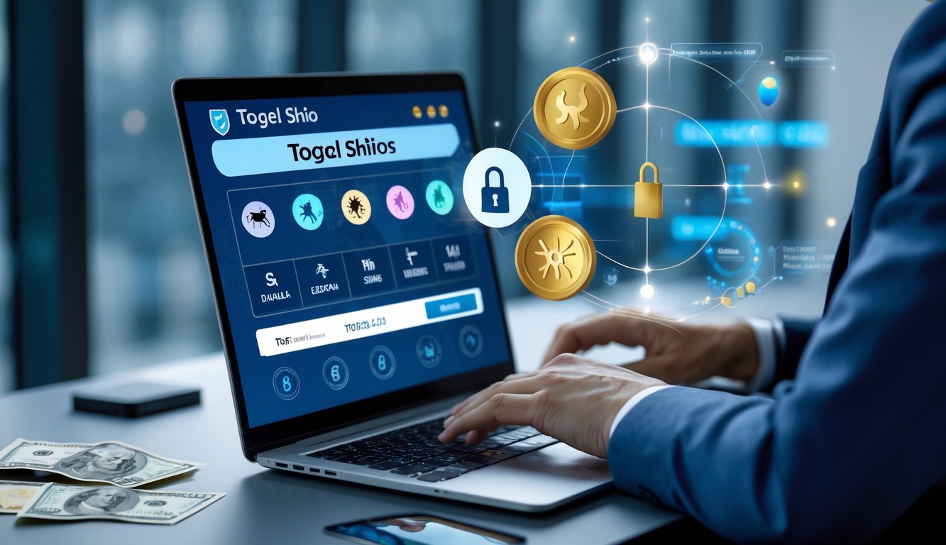 Seseorang menggunakan laptop di meja kerja modern dengan tampilan antarmuka lotere online dan simbol hewan shio, di latar belakang terdapat ikon keamanan dan elemen keuangan.