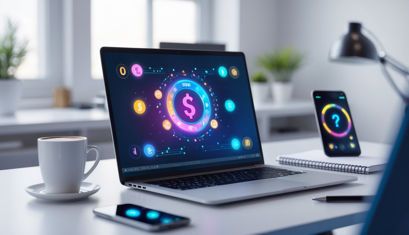 Suasana ruang kerja modern dengan laptop menampilkan antarmuka permainan online dan simbol zodiak, di meja terdapat kopi, ponsel, dan buku catatan.