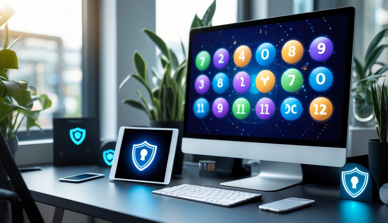 Meja kerja modern dengan komputer yang menampilkan grafik angka togel dan simbol shio, dilengkapi dengan ikon keamanan di sekitar, di dalam ruangan yang terang dengan tanaman dan perangkat teknologi.