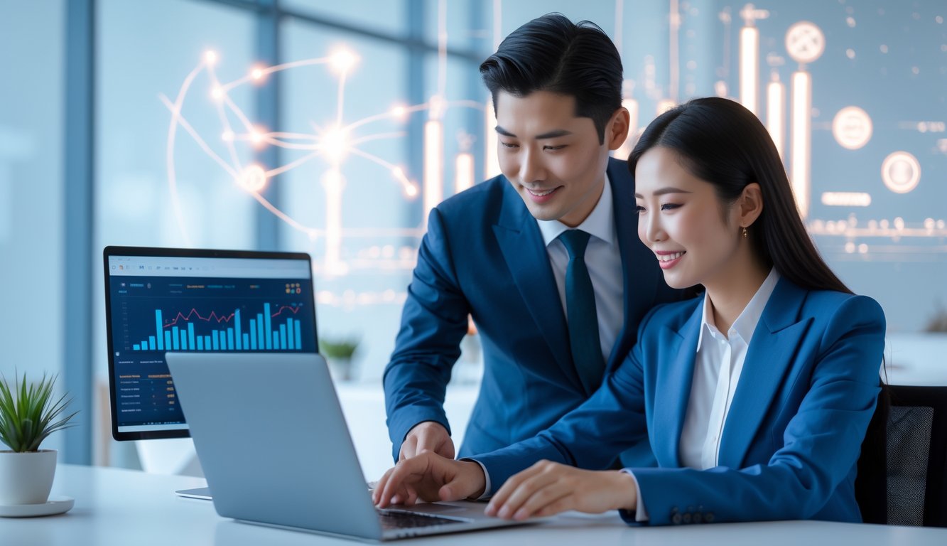 Dua orang profesional bekerja bersama di kantor modern dengan laptop yang menampilkan grafik dan data prediksi togel online.