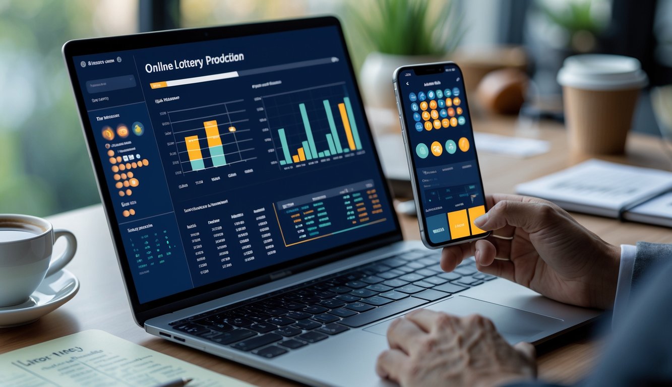 Meja kerja dengan laptop dan ponsel yang menampilkan data prediksi togel, tangan seseorang sedang menggunakan perangkat tersebut.