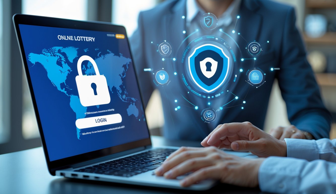 Orang menggunakan laptop dan ponsel di meja kerja dengan ikon keamanan digital di latar belakang.