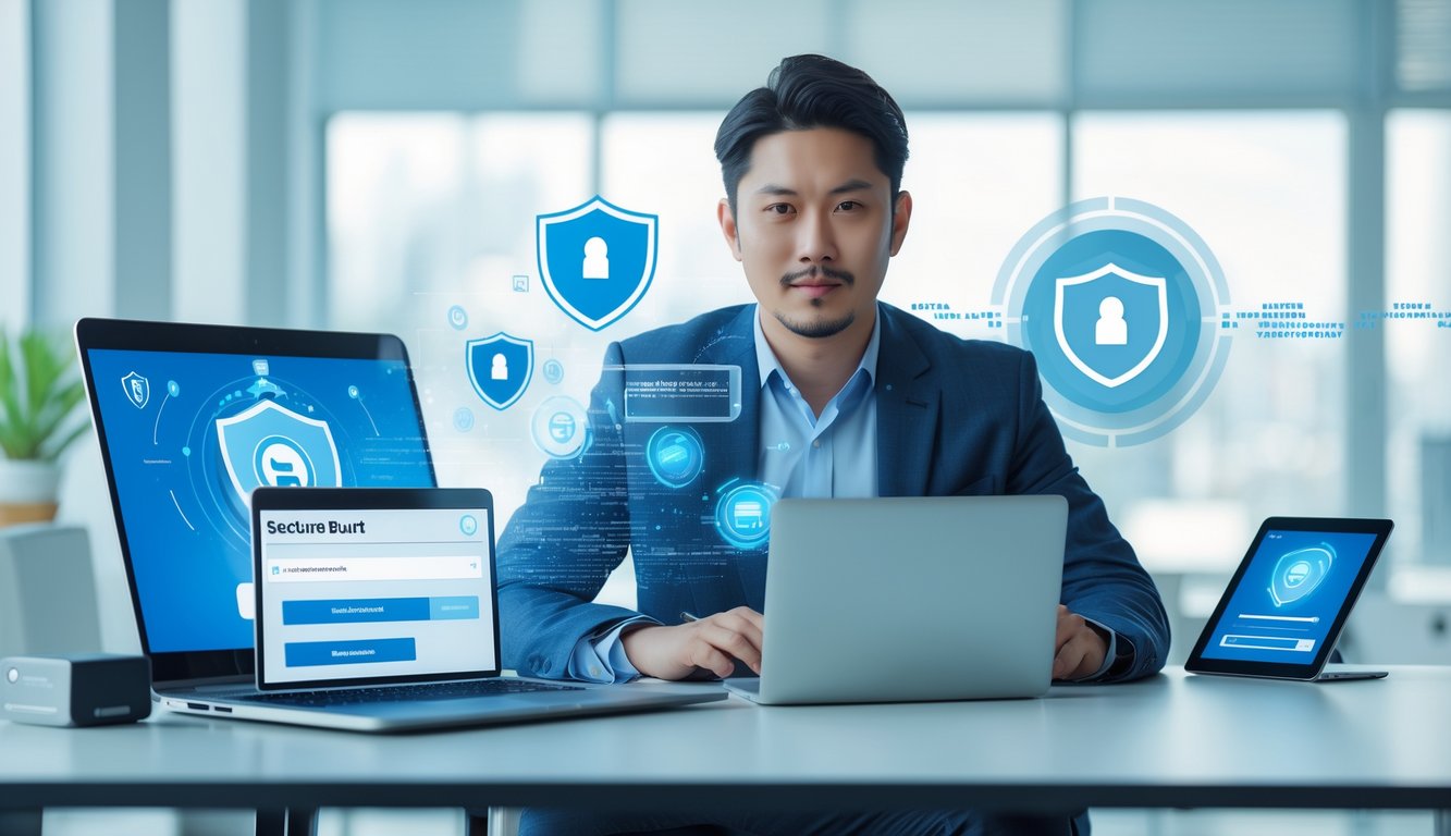 Seorang pria Asia duduk di meja kerja dengan perangkat digital, menunjukkan suasana platform lotere online yang aman dan terpercaya.