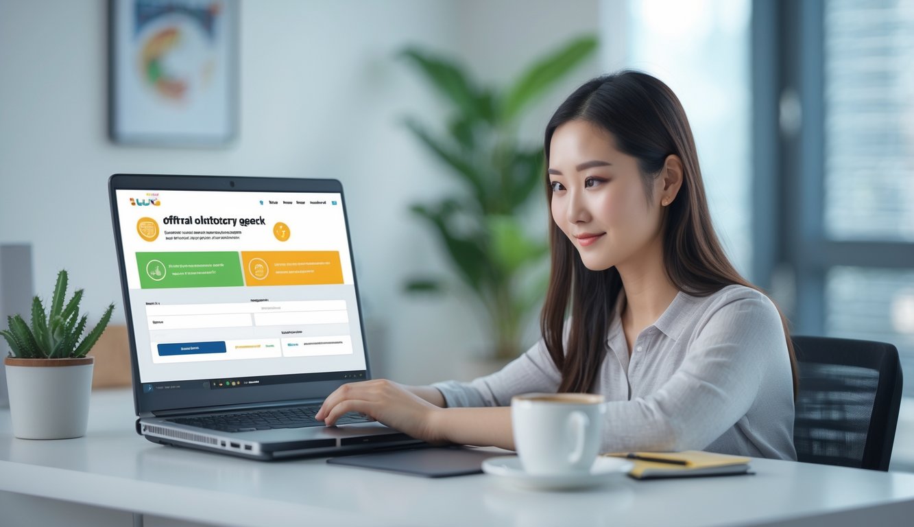 Seorang wanita muda duduk di meja dengan laptop, terlihat fokus saat mendaftar di situs agen togel online resmi.