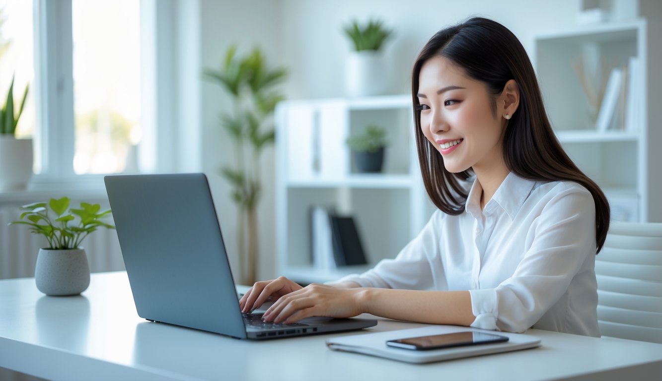 Seorang wanita muda duduk di meja kerja menggunakan laptop di ruang kerja rumah yang terang dan rapi.