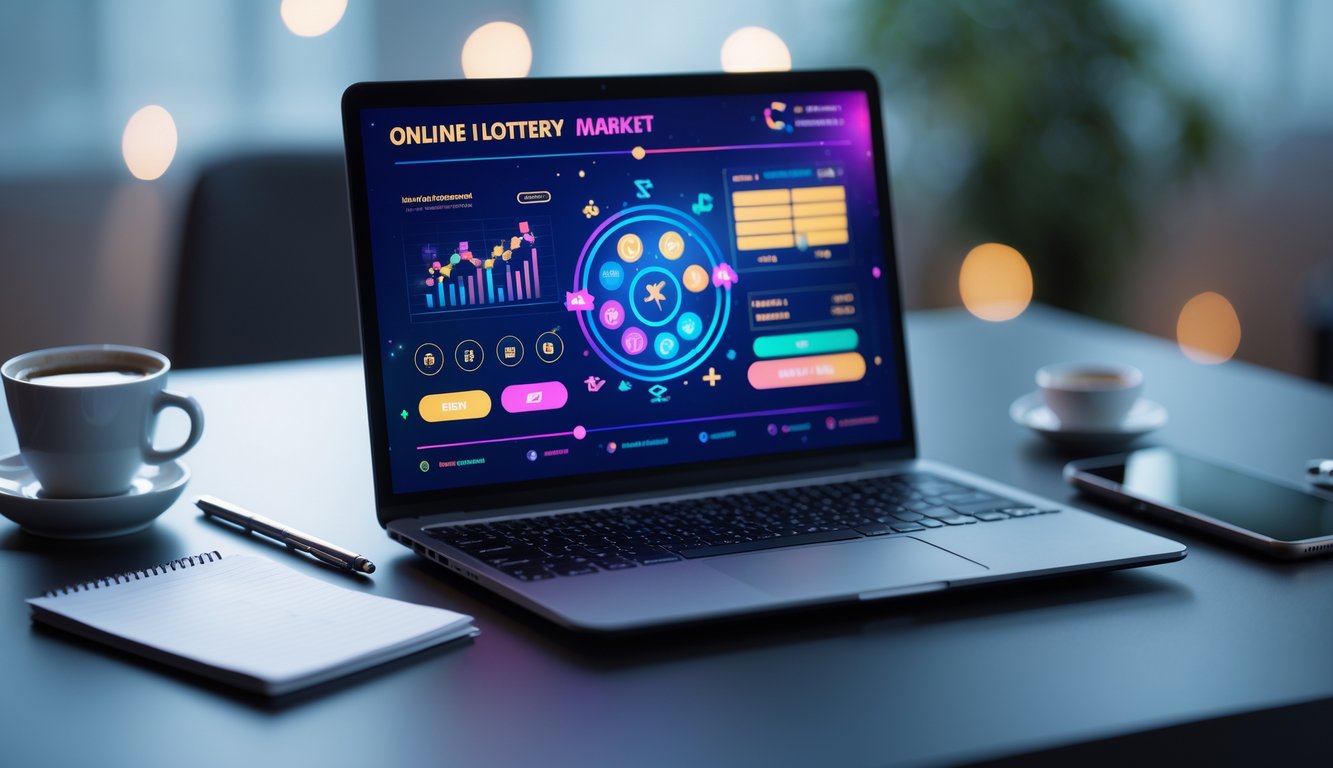 Sebuah meja kerja modern dengan laptop yang menampilkan antarmuka digital berwarna cerah terkait pasar togel online, dikelilingi oleh ponsel, cangkir kopi, dan buku catatan.
