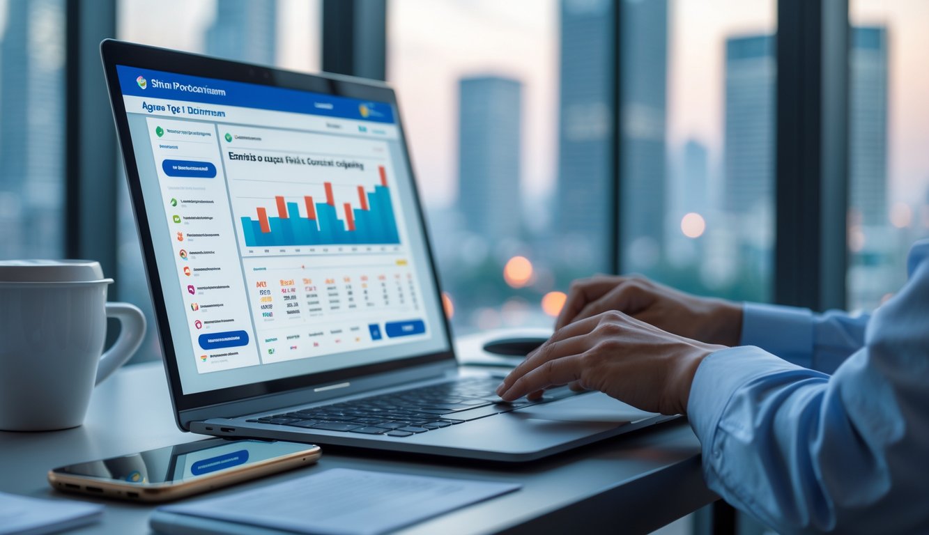 Seorang profesional sedang menggunakan laptop di ruang kerja modern dengan pemandangan kota di latar belakang, menunjukkan suasana layanan agen togel online resmi.