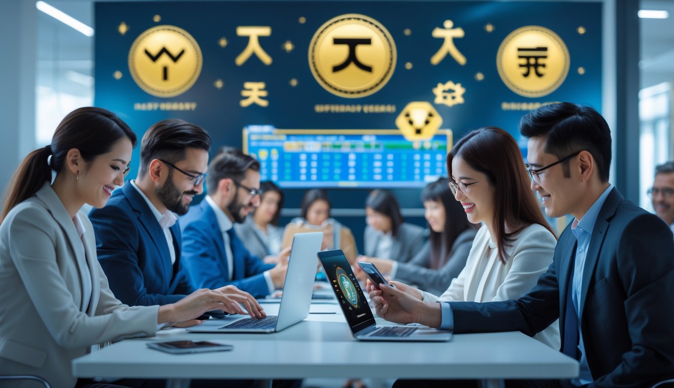 Orang-orang sedang menggunakan perangkat digital di kantor modern dengan simbol shio di latar belakang.