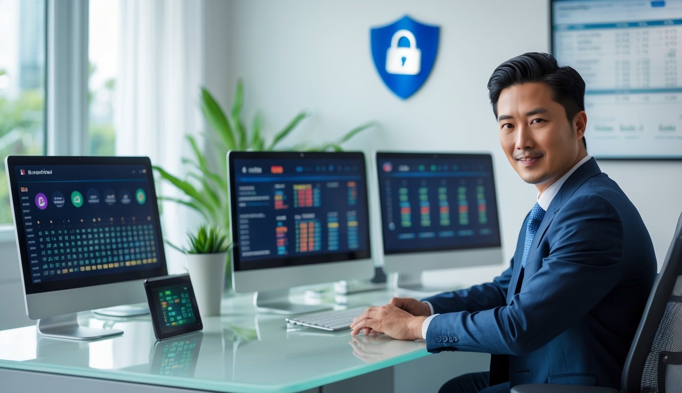 Seorang profesional bisnis Asia duduk di meja kerja dengan beberapa layar komputer yang menampilkan angka togel dan grafik, di kantor modern yang rapi dan terang.