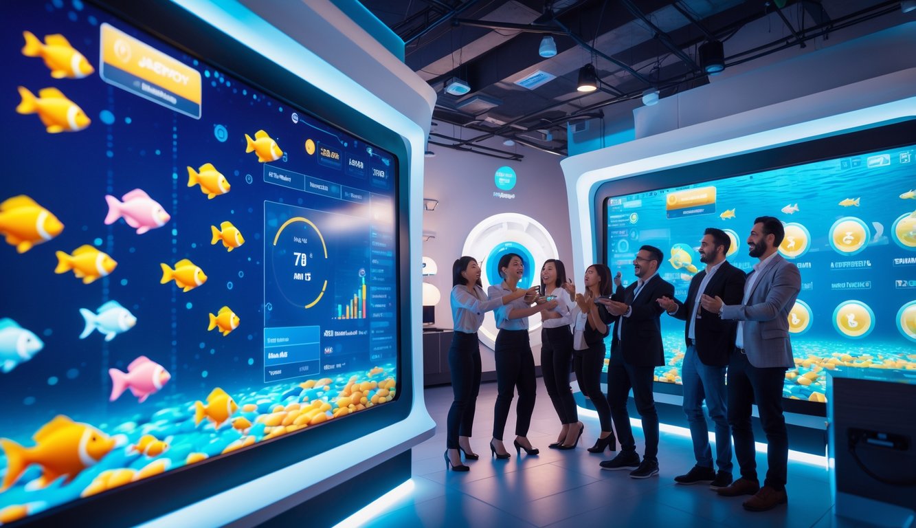 Beberapa orang dewasa bermain game tembak ikan online di ruangan modern dengan layar digital berwarna-warni yang menampilkan ikan dan ikon jackpot.