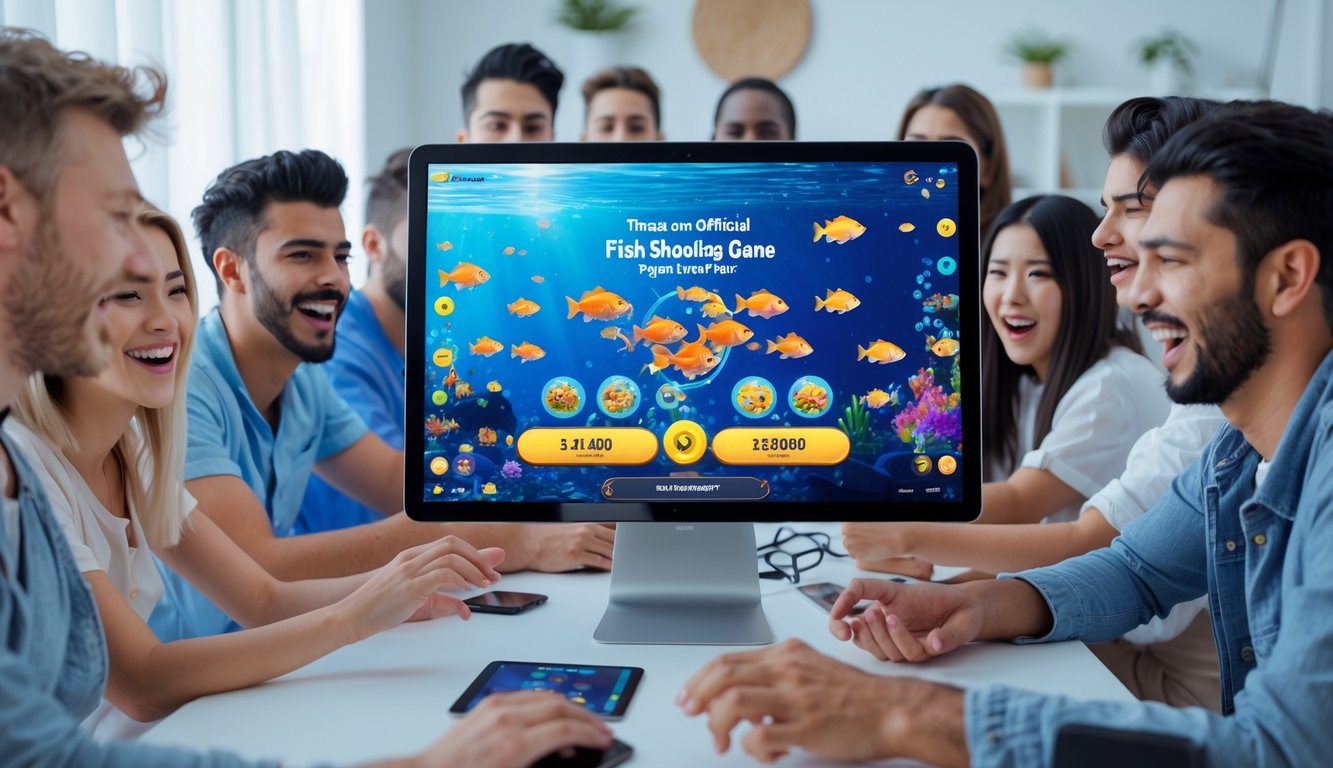 Sekelompok orang muda bermain game tembak ikan online dengan antusias di sebuah ruangan modern, menatap layar perangkat yang menampilkan grafik bawah laut berwarna-warni dan indikator jackpot.