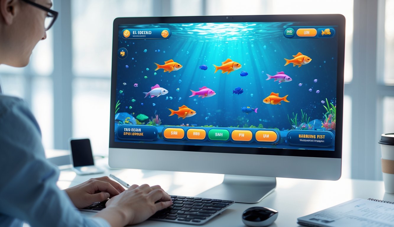Seseorang menggunakan komputer dengan permainan tembak ikan online yang menampilkan ikan berwarna-warni di layar, di meja kerja yang rapi dengan ponsel dan kopi.