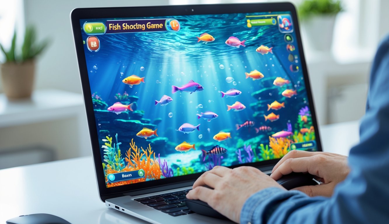 Seseorang sedang bermain permainan tembak ikan online di komputer dengan latar belakang ruangan yang rapi dan terang.