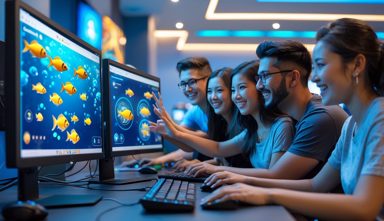 Beberapa orang muda sedang bermain permainan tembak ikan secara online di komputer dengan layar penuh warna dan suasana ruangan yang modern.