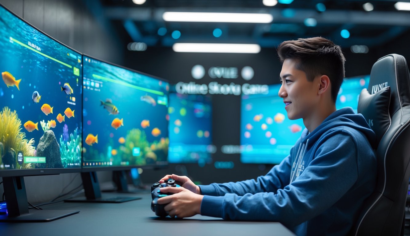 Seseorang sedang bermain game tembak ikan online dengan layar komputer menampilkan ikan warna-warni di bawah laut.