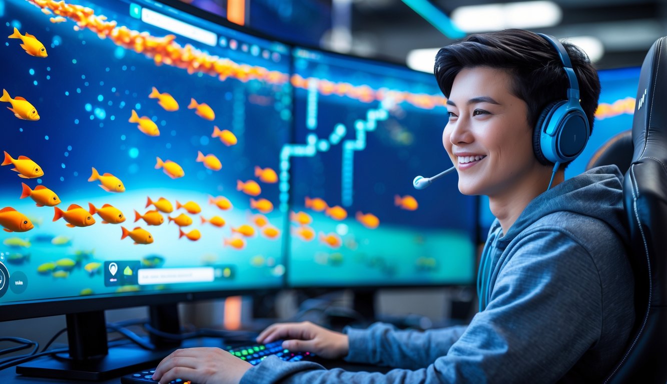 Seorang gamer muda sedang bermain game tembak ikan online dengan layar besar yang menampilkan ikan berwarna-warni dan tampilan permainan yang lancar.