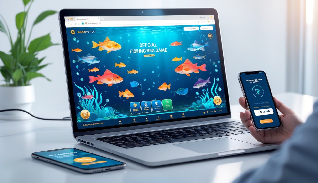 Sebuah laptop dan ponsel di meja kerja menampilkan permainan memancing online dan konfirmasi pembayaran kecil.