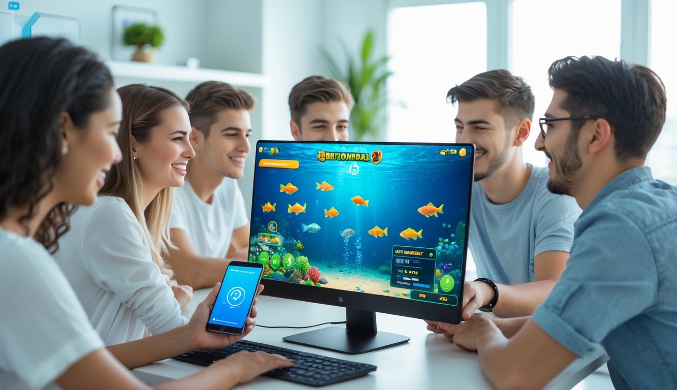 Beberapa orang muda bermain permainan tembak ikan online di komputer dengan latar ruangan yang terang dan rapi.