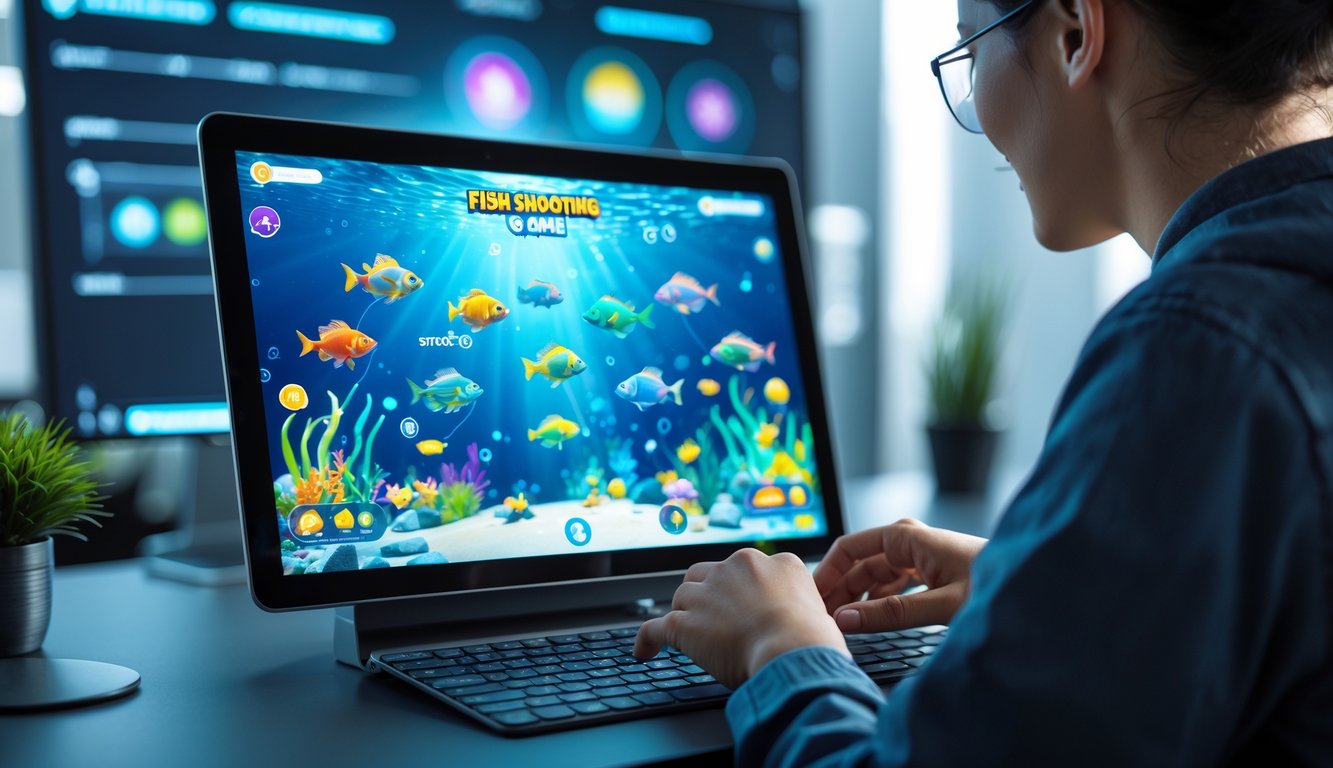 Seseorang menggunakan komputer dengan layar menampilkan permainan menembak ikan berwarna-warni di lingkungan kerja modern.