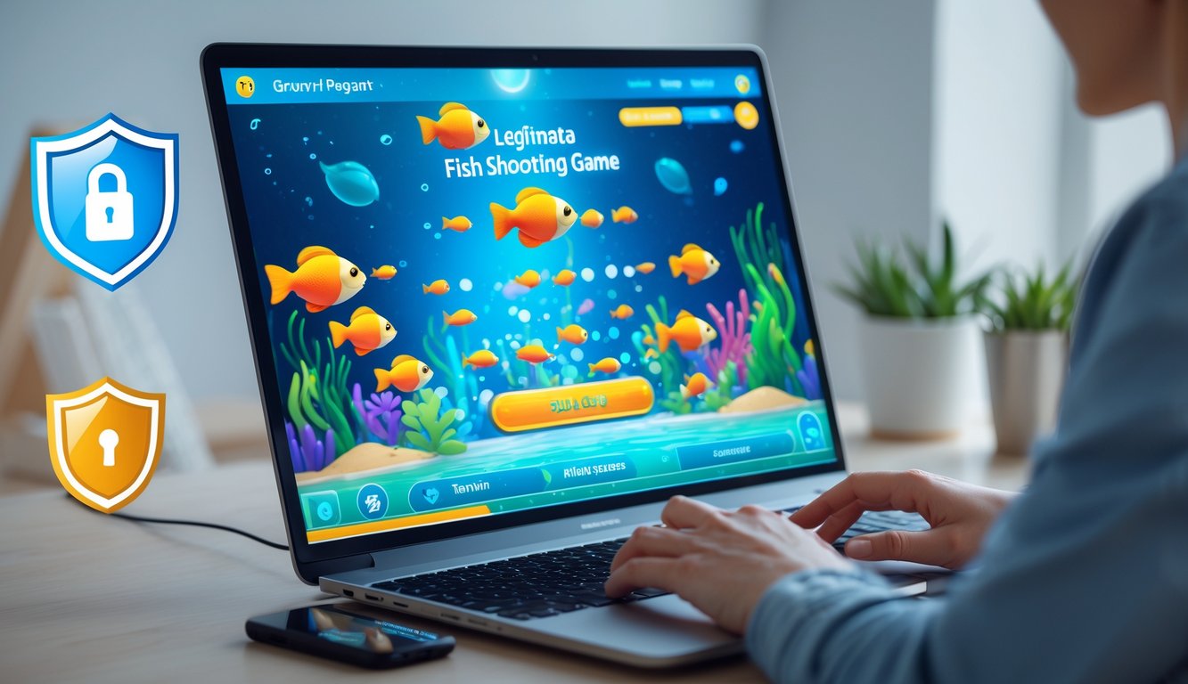 Seseorang menggunakan laptop dengan tampilan permainan tembak ikan berwarna-warni di layar dalam lingkungan kerja yang rapi dan terang.