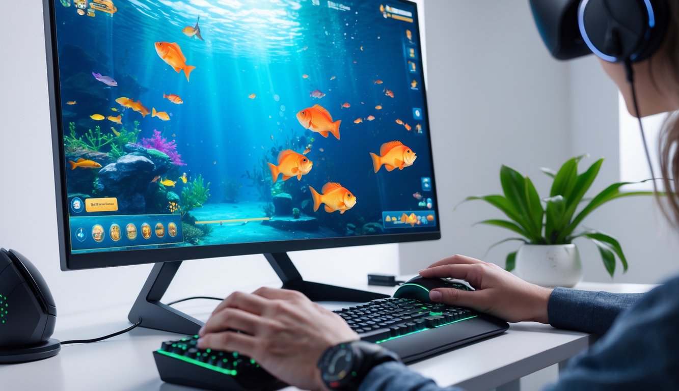 Seseorang sedang bermain game tembak ikan online di komputer dengan latar belakang adegan bawah laut berwarna-warni.