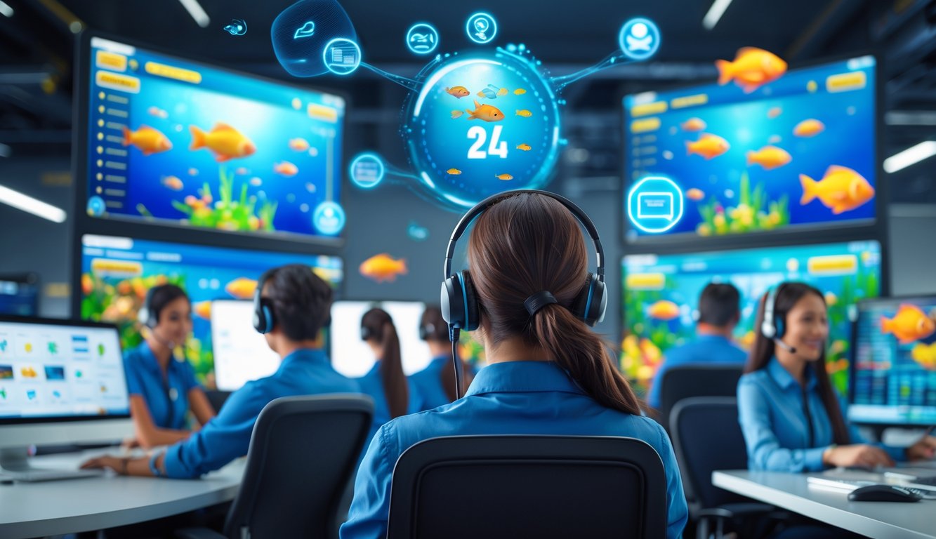 Tim layanan pelanggan yang ramah sedang bekerja di kantor modern dengan komputer dan headset, mendukung platform permainan tembak ikan online.