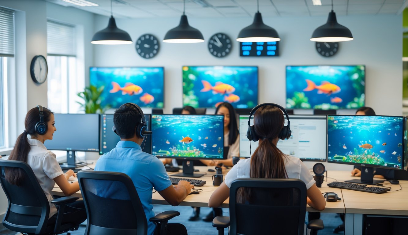 Tim layanan pelanggan yang sibuk di kantor modern dengan komputer dan grafik permainan ikan di layar.