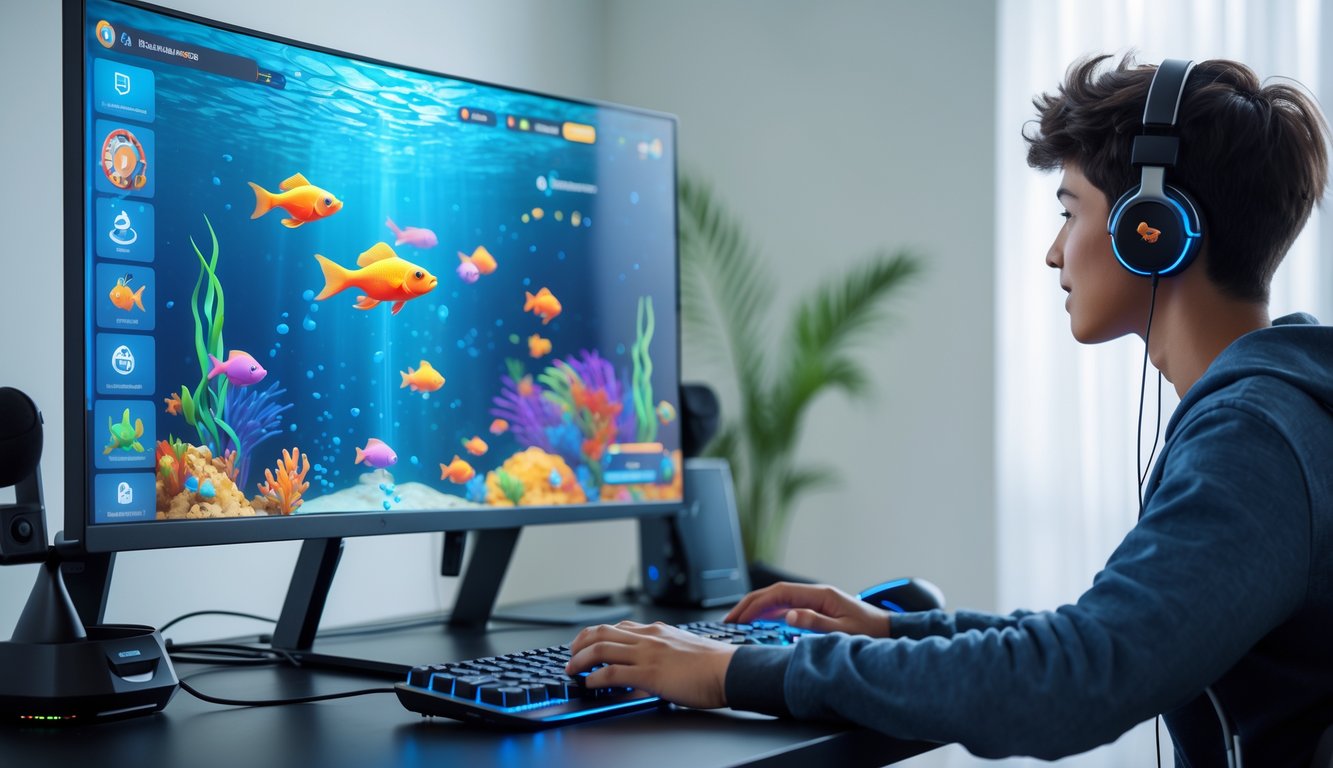 Seorang pemula sedang bermain permainan tembak ikan online di depan komputer dengan layar menampilkan ikan warna-warni di bawah laut.