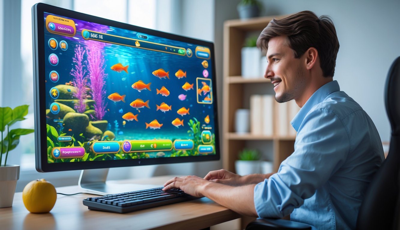 Seorang pria muda duduk di depan komputer sedang bermain permainan tembak ikan online dengan latar belakang ruangan kerja yang nyaman.