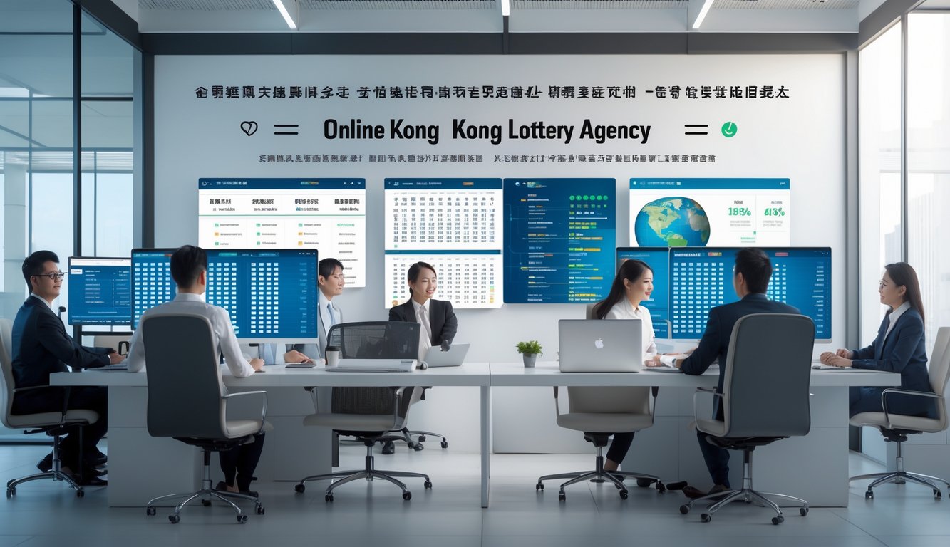 Sekelompok profesional bekerja bersama di kantor modern dengan komputer dan layar menampilkan data lotere Hong Kong.