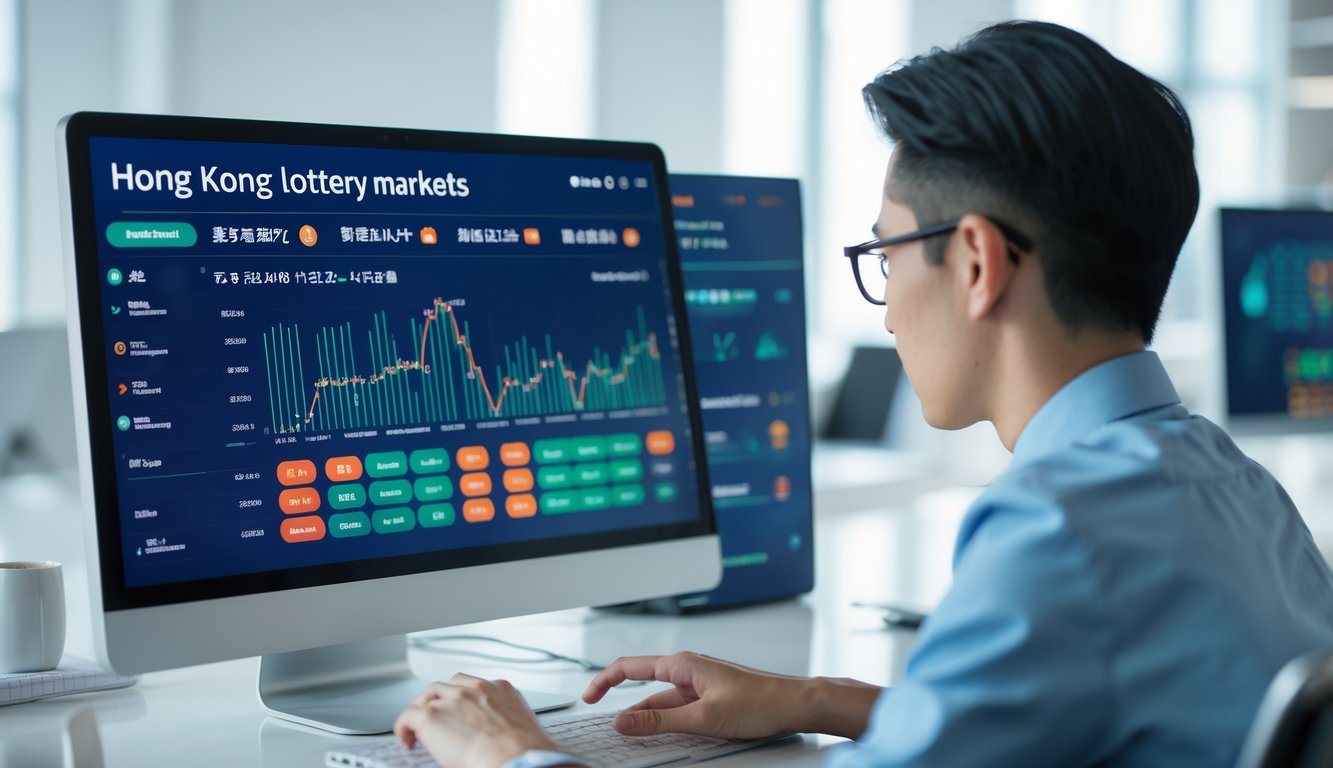 Seorang profesional menggunakan komputer dengan tampilan antarmuka platform togel online Hongkong di kantor yang terang dan rapi.