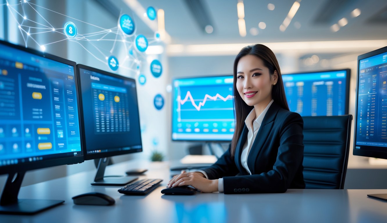 Seorang wanita profesional duduk di meja kantor modern dengan beberapa monitor komputer yang menampilkan data terkait lotere online.